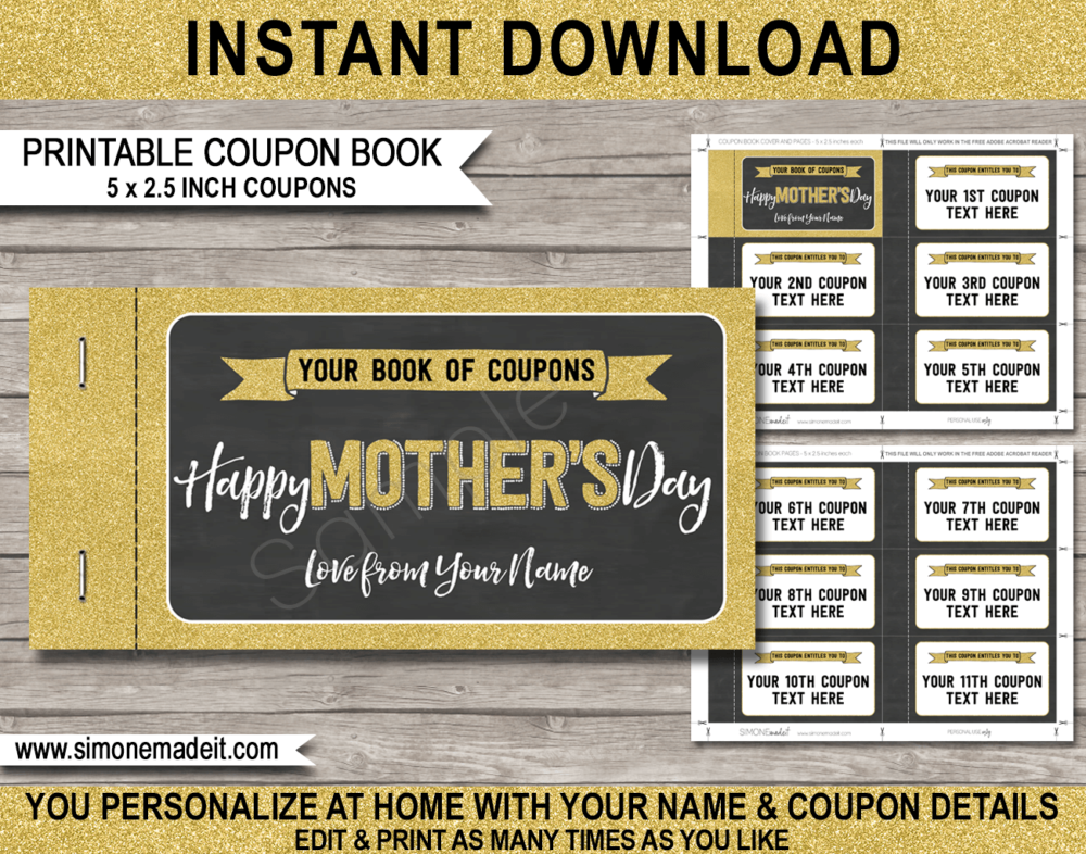 Printable Mothers Day Coupon Book template | DIY editable custom Coupons for Mom | Editable & Printable Gift Template | Gold Glitter & Chalkboard | Instant Download via simonemadeit.com
