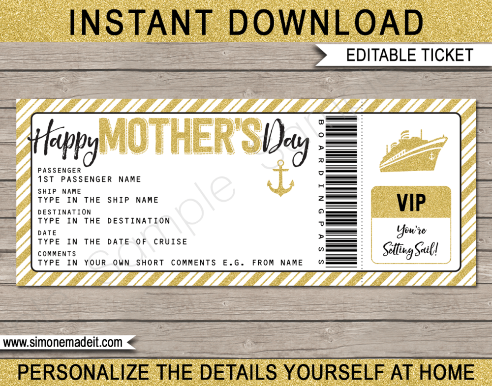 Printable Surprise Mothers Day Cruise Ticket Boarding Pass Gift Template | Gold Glitter | Editable Gift Voucher | Surprise Cruise Trip Reveal for Mom | INSTANT DOWNLOAD via giftsbysimonemadeit.com