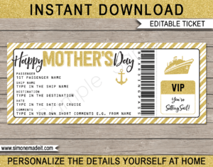 Printable Surprise Mothers Day Cruise Ticket Boarding Pass Gift Template | Gold Glitter | Editable Gift Voucher | Surprise Cruise Trip Reveal for Mom | INSTANT DOWNLOAD via giftsbysimonemadeit.com