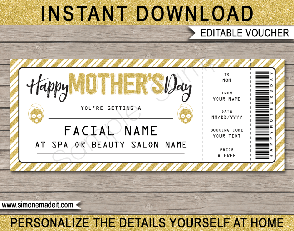Printable Mother's Day Facial Gift Voucher Template | DIY Editable Spa Treatment Gift Certificate for Mom | INSTANT DOWNLOAD via giftsbysimonemadeit.com