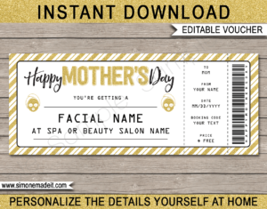 Printable Mother's Day Facial Gift Voucher Template | DIY Editable Spa Treatment Gift Certificate for Mom | INSTANT DOWNLOAD via giftsbysimonemadeit.com