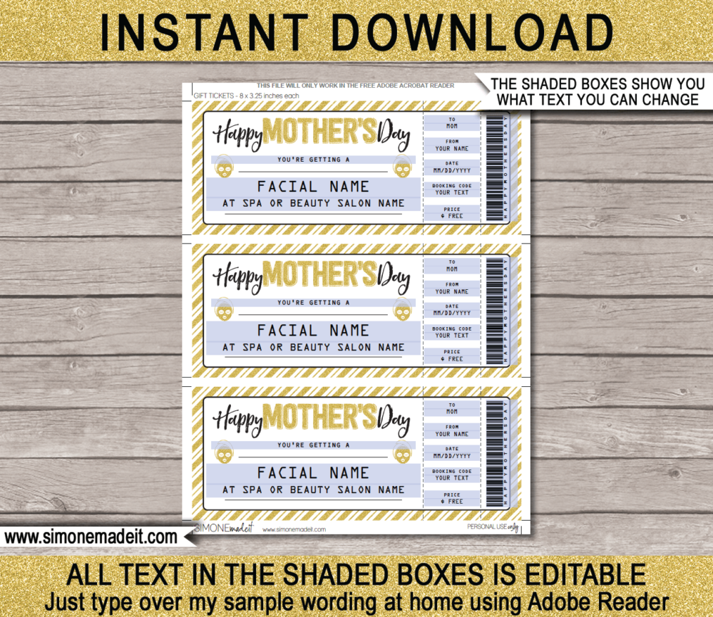 Printable Mother's Day Facial Gift Voucher Template | DIY Editable Spa Treatment Gift Certificate for Mom | INSTANT DOWNLOAD via giftsbysimonemadeit.com