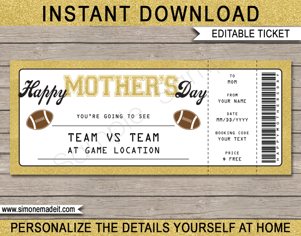 Printable Mother's Day Football Ticket Gift Voucher Template - Surprise tickets to a Football Game - Gift Certificate - Mother's Day present - DIY Editable & Printable Template - INSTANT DOWNLOAD via giftsbysimonemadeit.com #footballgifttickets #lastminutegift #touchdown