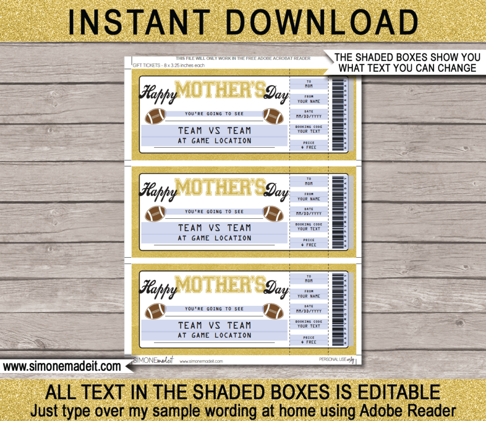 Printable Mother's Day Football Ticket Gift Voucher Template - Surprise tickets to a Football Game - Gift Certificate - Mother's Day present - DIY Editable & Printable Template - INSTANT DOWNLOAD via giftsbysimonemadeit.com #footballgifttickets #lastminutegift #touchdown