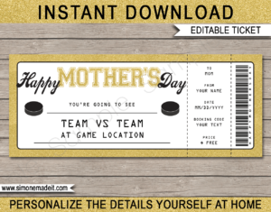 Printable Mother's Day Hockey Ticket Gift Voucher Template - Surprise tickets to a Hockey Game - Gift Certificate - Mother's Day present - DIY Editable & Printable Template - INSTANT DOWNLOAD via giftsbysimonemadeit.com #hockeygifttickets #lastminutegift #hittheice