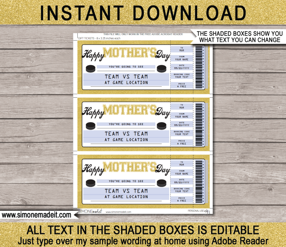 Printable Mother's Day Hockey Ticket Gift Voucher Template - Surprise tickets to a Hockey Game - Gift Certificate - Mother's Day present - DIY Editable & Printable Template - INSTANT DOWNLOAD via giftsbysimonemadeit.com #hockeygifttickets #lastminutegift #hittheice