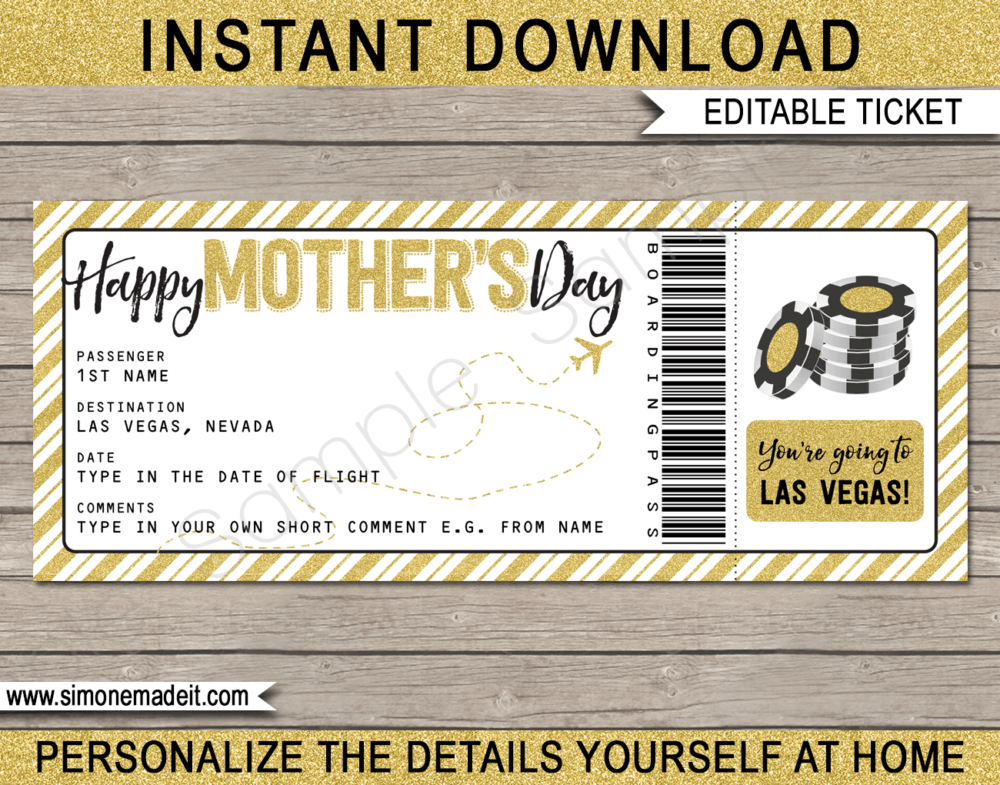 Printable Surprise Mother's Day Trip to Las Vegas Boarding Pass template | Surprise Trip Reveal, Flight, Getaway, Holiday, Vacation to Las Vegas | Faux Fake Plane Boarding Pass | Mothers Day Present | DIY Editable Template | Instant Download via giftsbysimonemadeit.com