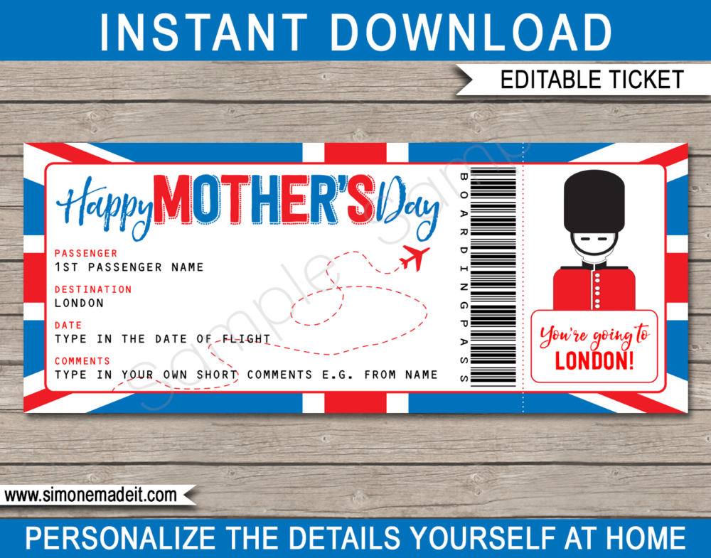 Printable Surprise Mother's Day Trip to London Boarding Pass template | Surprise Trip Reveal, Flight, Getaway, Holiday, Vacation to the UK | Faux Fake Plane Boarding Pass | Mothers Day Present | DIY Editable Template | Instant Download via giftsbysimonemadeit.com
