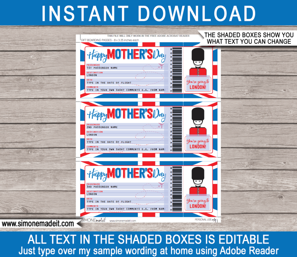 Printable Surprise Mother's Day Trip to London Boarding Pass template | Surprise Trip Reveal, Flight, Getaway, Holiday, Vacation to the UK | Faux Fake Plane Boarding Pass | Mothers Day Present | DIY Editable Template | Instant Download via giftsbysimonemadeit.com