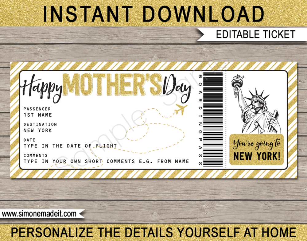 Printable Surprise Mother's Day Trip to New York Boarding Pass template | Surprise Trip Reveal, Flight, Getaway, Holiday, Vacation to NYC | Faux Fake Plane Boarding Pass | Mothers Day Present | DIY Editable Template | Instant Download via giftsbysimonemadeit.com