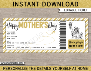 Printable Surprise Mother's Day Trip to New York Boarding Pass template | Surprise Trip Reveal, Flight, Getaway, Holiday, Vacation to NYC | Faux Fake Plane Boarding Pass | Mothers Day Present | DIY Editable Template | Instant Download via giftsbysimonemadeit.com