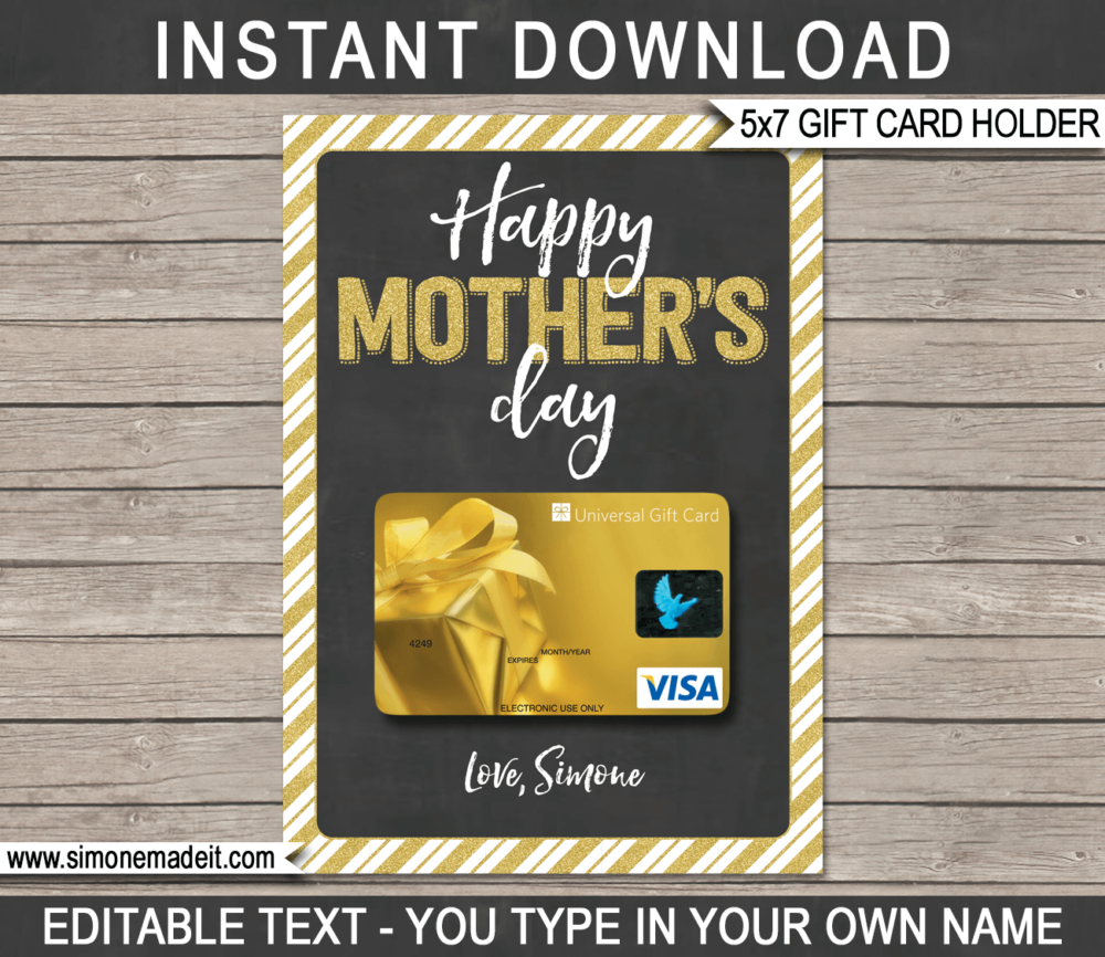 Gold Printable Mother's Day Gift Card Holder Template for store bought gift cards | Last minute gift for Mom | Starbucks, Amazon, Target, Walmart, Visa | DIY Editable & Printable Template | Instant Download via giftsbysimonemadeit.com