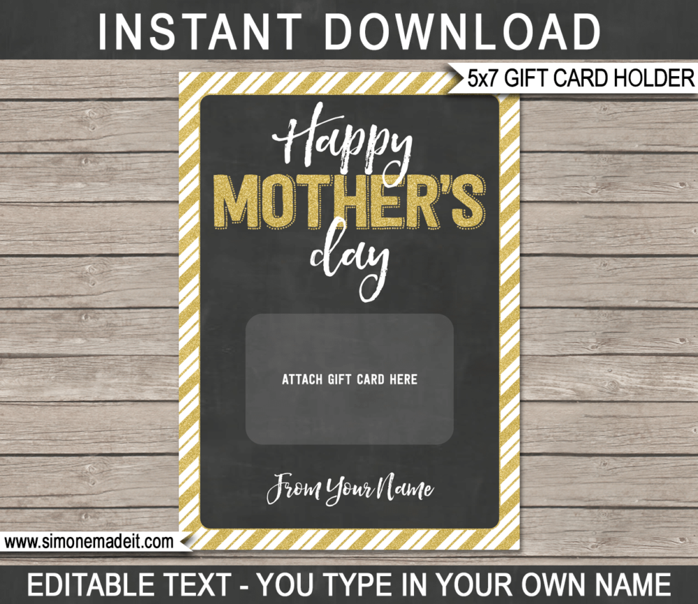 Gold Printable Mother's Day Gift Card Holder Template for store bought gift cards | Last minute gift for Mom | Starbucks, Amazon, Target, Walmart, Visa | DIY Editable & Printable Template | Instant Download via giftsbysimonemadeit.com