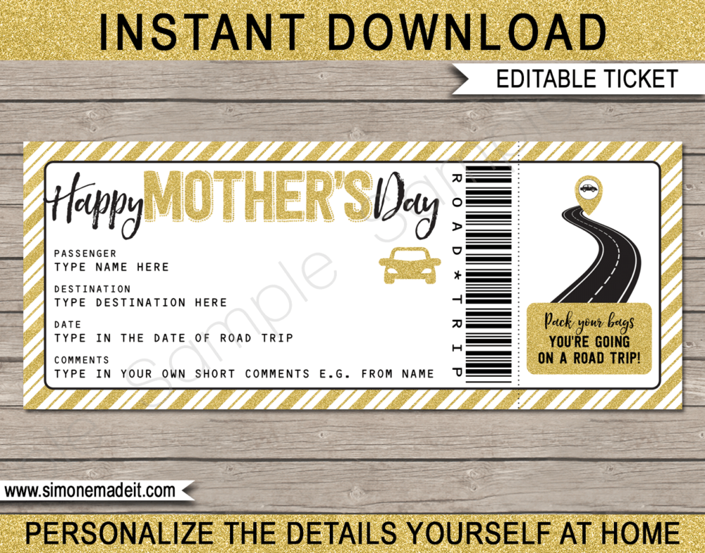 Printable Mother's Day Road Trip Ticket Template | Gold Glitter | Surprise Road Trip Reveal for Mom | Fake Ticket | Mother's Day Present | Driving Holiday | INSTANT DOWNLOAD via giftsbysimonemadeit.com