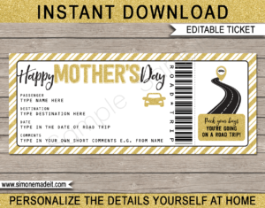 Printable Mother's Day Road Trip Ticket Template | Gold Glitter | Surprise Road Trip Reveal for Mom | Fake Ticket | Mother's Day Present | Driving Holiday | INSTANT DOWNLOAD via giftsbysimonemadeit.com