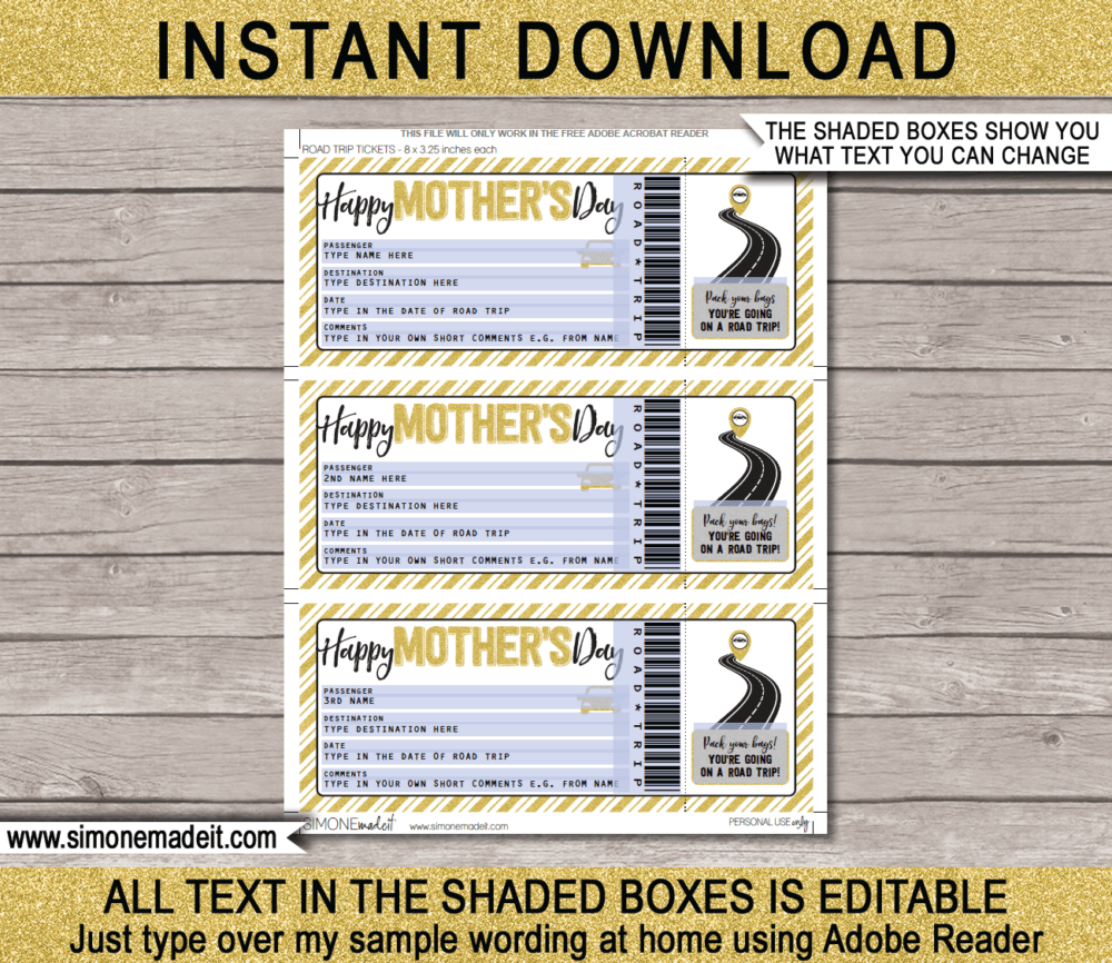 Printable Mother's Day Road Trip Ticket Template | Gold Glitter | Surprise Road Trip Reveal for Mom | Fake Ticket | Mother's Day Present | Driving Holiday | INSTANT DOWNLOAD via giftsbysimonemadeit.com