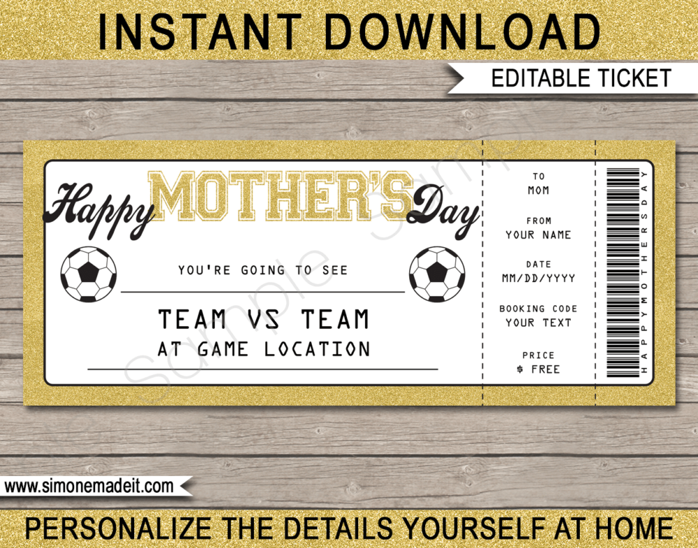 Printable Mother's Day Soccer Ticket Gift Voucher Template - Surprise tickets to a Football Soccer Game - Gift Certificate - Mother's Day present - DIY Editable & Printable Template - INSTANT DOWNLOAD via giftsbysimonemadeit.com #footballgifttickets #lastminutegift