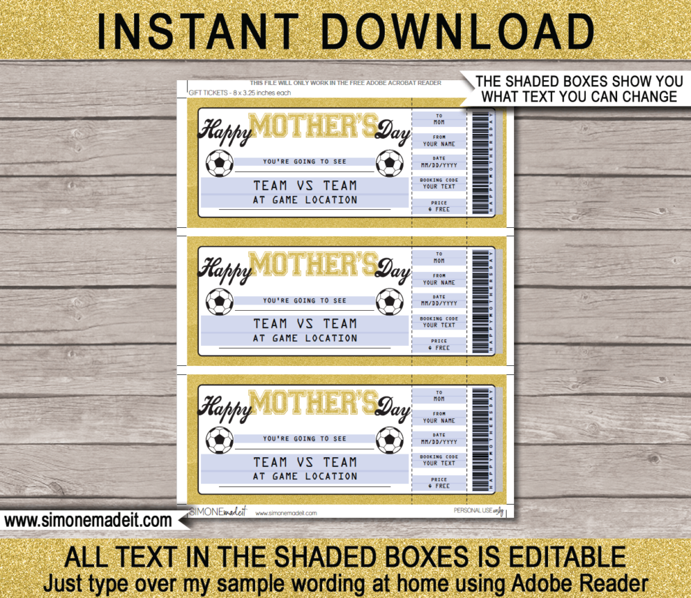 Printable Mother's Day Soccer Ticket Gift Voucher Template - Surprise tickets to a Football Soccer Game - Gift Certificate - Mother's Day present - DIY Editable & Printable Template - INSTANT DOWNLOAD via giftsbysimonemadeit.com #footballgifttickets #lastminutegift
