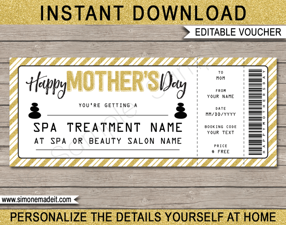 Printable Mother's Day Spa Voucher Template | DIY Editable Spa Treatment Gift Certificate for Mom | Massage, Facial, Body Scrub, Body wrap, Manicure, Pedicure | INSTANT DOWNLOAD via giftsbysimonemadeit.com