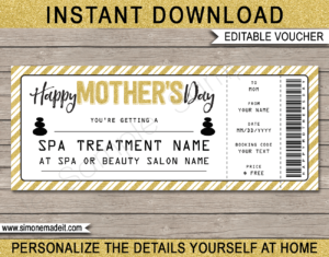 Printable Mother's Day Spa Voucher Template | DIY Editable Spa Treatment Gift Certificate for Mom | Massage, Facial, Body Scrub, Body wrap, Manicure, Pedicure | INSTANT DOWNLOAD via giftsbysimonemadeit.com