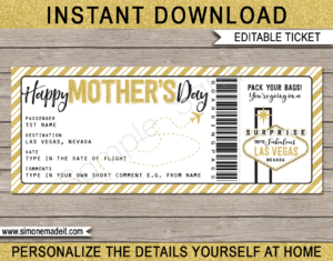 Printable Mother's Day Las Vegas Boarding Pass template | Surprise Trip Reveal, Flight, Getaway, Holiday, Vacation to Las Vegas | Faux Fake Plane Boarding Pass | Mothers Day Present | DIY Editable Template | Instant Download via giftsbysimonemadeit.com