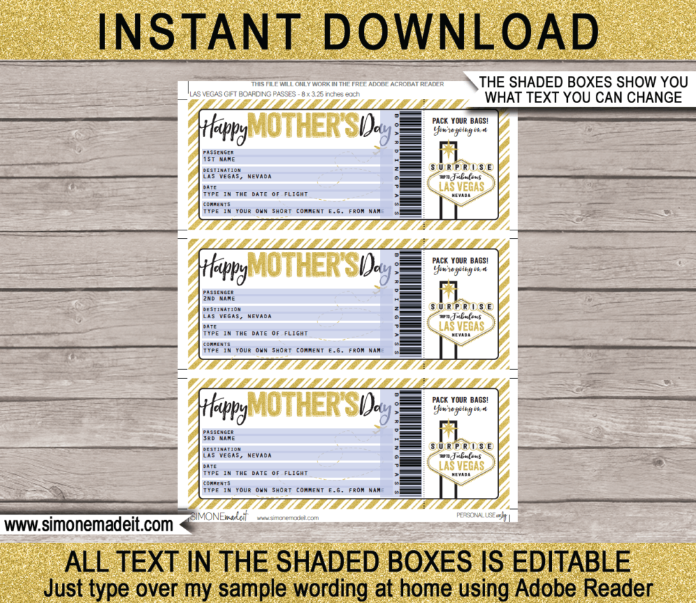 Printable Mother's Day Las Vegas Boarding Pass template | Surprise Trip Reveal, Flight, Getaway, Holiday, Vacation to Las Vegas | Faux Fake Plane Boarding Pass | Mothers Day Present | DIY Editable Template | Instant Download via giftsbysimonemadeit.com