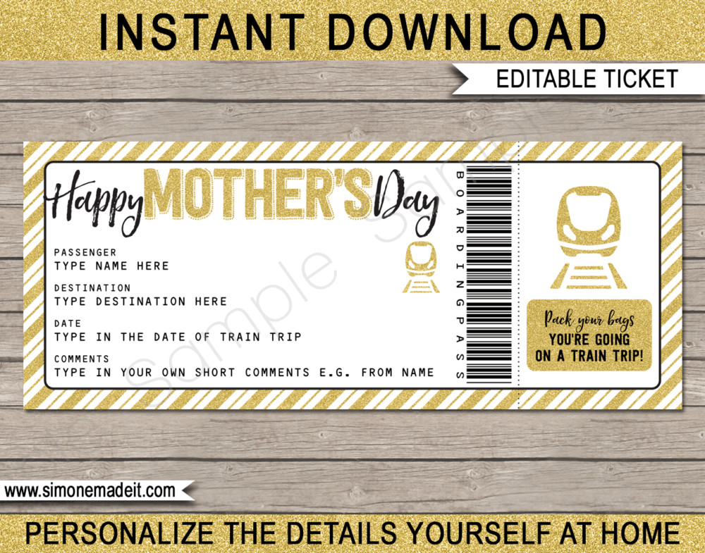 Printable Mother's Day Train Ticket Gift Voucher Template | Surprise Train Trip Reveal for Mom | Faux Fake Train Boarding Pass | DIY Editable Template | INSTANT DOWNLOAD via giftsbysimonemadeit.com
