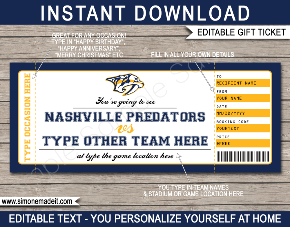 Printable Nashville Predators Game Ticket Gift Voucher Template | Printable Surprise NHL Hockey Tickets | Editable Text | Gift Certificate | Birthday, Christmas, Anniversary, Retirement, Graduation, Mother's Day, Father's Day, Congratulations, Valentine's Day | INSTANT DOWNLOAD via giftsbysimonemadeit.com