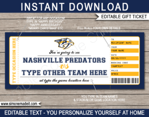 Printable Nashville Predators Game Ticket Gift Voucher Template | Printable Surprise NHL Hockey Tickets | Editable Text | Gift Certificate | Birthday, Christmas, Anniversary, Retirement, Graduation, Mother's Day, Father's Day, Congratulations, Valentine's Day | INSTANT DOWNLOAD via giftsbysimonemadeit.com