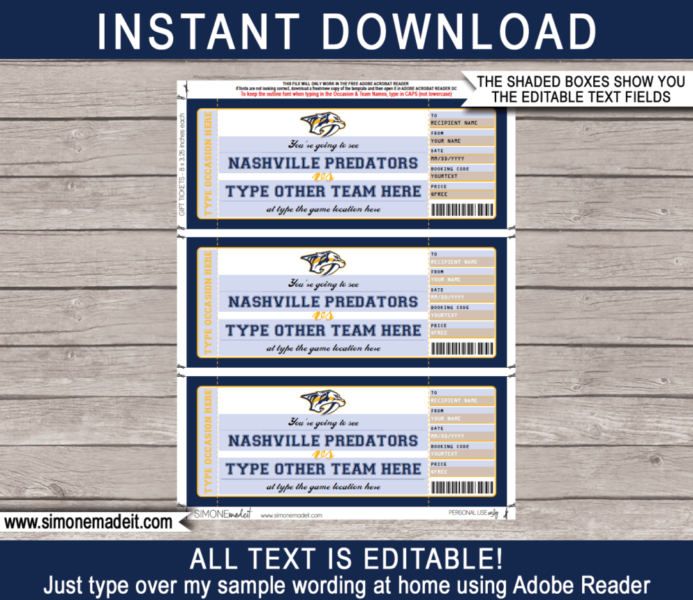 Printable Nashville Predators Game Ticket Gift Voucher Template | Printable Surprise NHL Hockey Tickets | Editable Text | Gift Certificate | Birthday, Christmas, Anniversary, Retirement, Graduation, Mother's Day, Father's Day, Congratulations, Valentine's Day | INSTANT DOWNLOAD via giftsbysimonemadeit.com