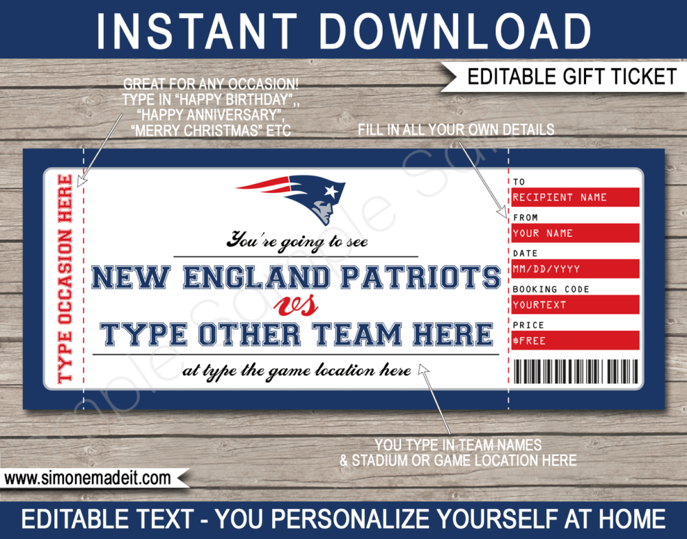 Printable New England Patriots Game Ticket Gift Voucher Template | Surprise tickets to a New England Patriots Football Game | Editable Text | Gift Certificate | Birthday, Christmas, Anniversary, Retirement, Graduation, Mother's Day, Father's Day, Congratulations, Valentine's Day | INSTANT DOWNLOAD via giftsbysimonemadeit.com