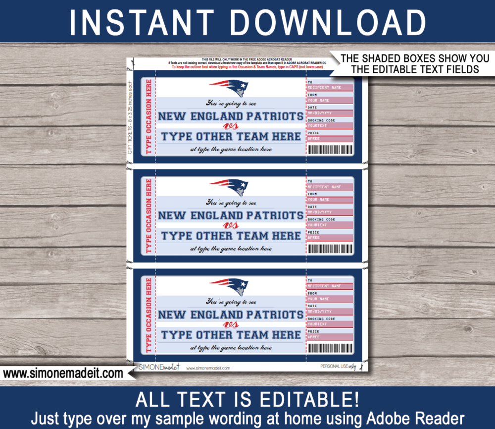 Printable New England Patriots Game Ticket Gift Voucher Template | Surprise tickets to a New England Patriots Football Game | Editable Text | Gift Certificate | Birthday, Christmas, Anniversary, Retirement, Graduation, Mother's Day, Father's Day, Congratulations, Valentine's Day | INSTANT DOWNLOAD via giftsbysimonemadeit.com