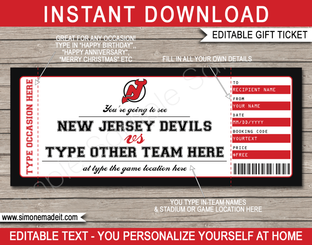 Printable New Jersey Devils Game Ticket Gift Voucher Template | Printable Surprise NHL Hockey Tickets | Editable Text | Gift Certificate | Birthday, Christmas, Anniversary, Retirement, Graduation, Mother's Day, Father's Day, Congratulations, Valentine's Day | INSTANT DOWNLOAD via giftsbysimonemadeit.com