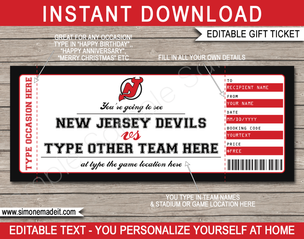 New Jersey Devils Game Ticket Gift Voucher Printable Surprise Hockey