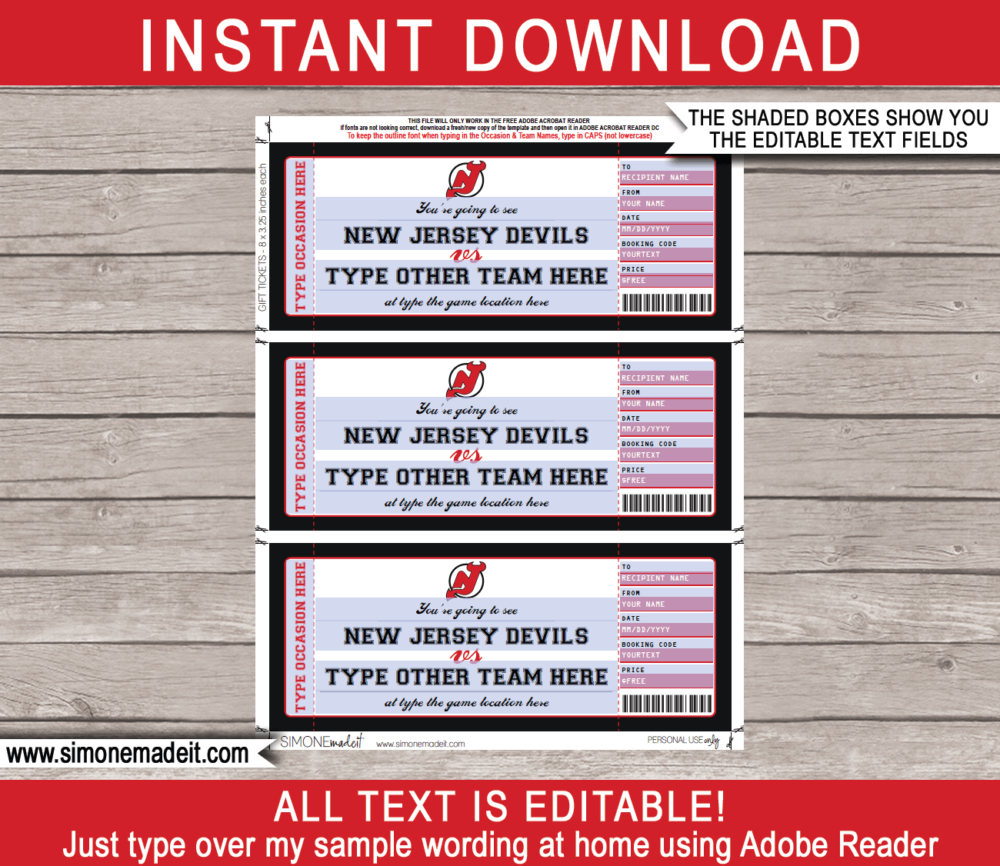 Printable New Jersey Devils Game Ticket Gift Voucher Template | Printable Surprise NHL Hockey Tickets | Editable Text | Gift Certificate | Birthday, Christmas, Anniversary, Retirement, Graduation, Mother's Day, Father's Day, Congratulations, Valentine's Day | INSTANT DOWNLOAD via giftsbysimonemadeit.com