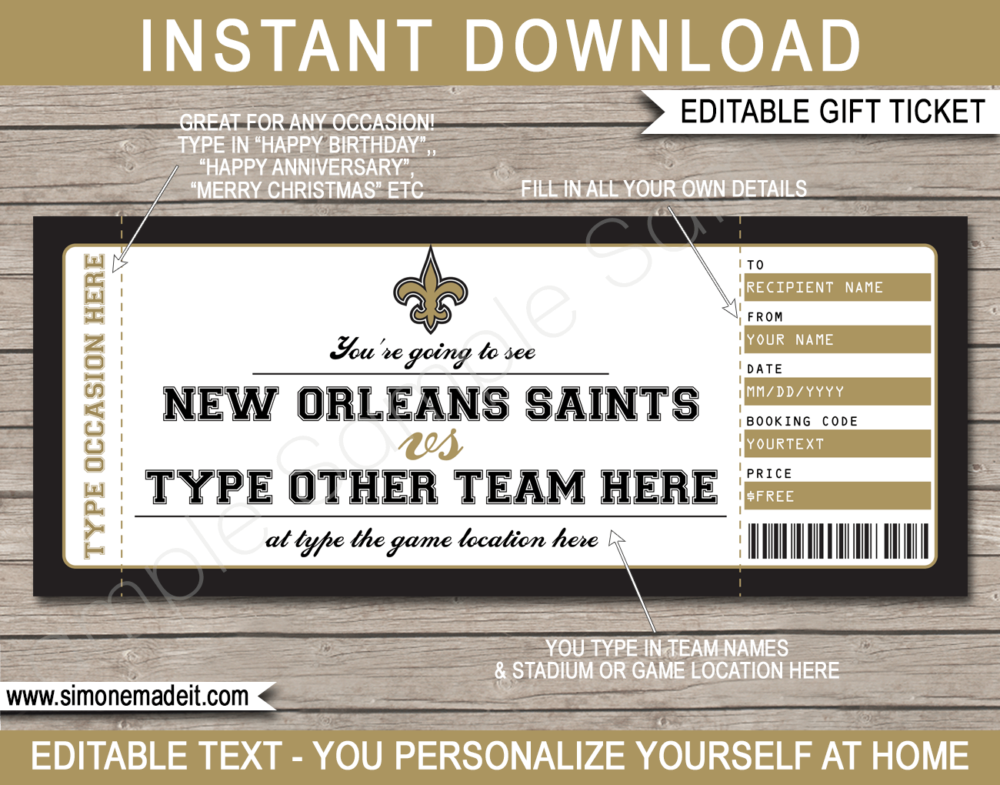 Printable New Orleans Saints Game Ticket Gift Voucher Template | Surprise tickets to a New Orleans Saints Football Game | Editable Text | Gift Certificate | Birthday, Christmas, Anniversary, Retirement, Graduation, Mother's Day, Father's Day, Congratulations, Valentine's Day | INSTANT DOWNLOAD via giftsbysimonemadeit.com