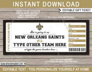 Printable New Orleans Saints Game Ticket Gift Voucher Template | Surprise tickets to a New Orleans Saints Football Game | Editable Text | Gift Certificate | Birthday, Christmas, Anniversary, Retirement, Graduation, Mother's Day, Father's Day, Congratulations, Valentine's Day | INSTANT DOWNLOAD via giftsbysimonemadeit.com