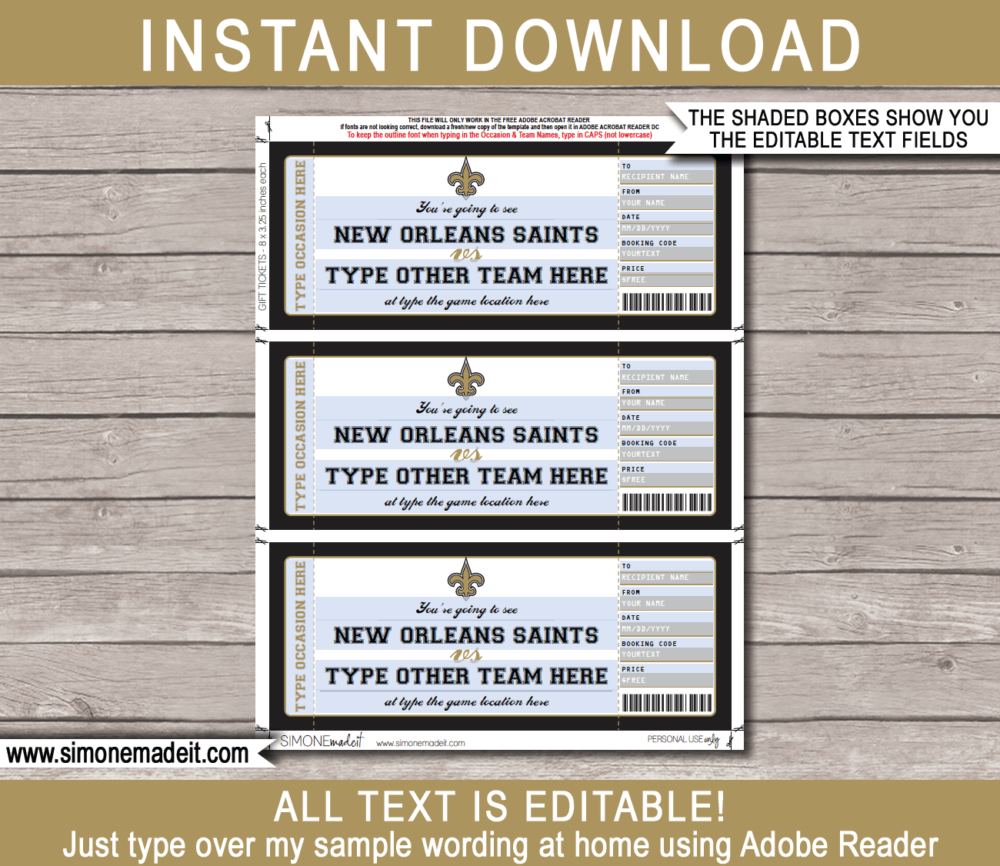 Printable New Orleans Saints Game Ticket Gift Voucher Template | Surprise tickets to a New Orleans Saints Football Game | Editable Text | Gift Certificate | Birthday, Christmas, Anniversary, Retirement, Graduation, Mother's Day, Father's Day, Congratulations, Valentine's Day | INSTANT DOWNLOAD via giftsbysimonemadeit.com