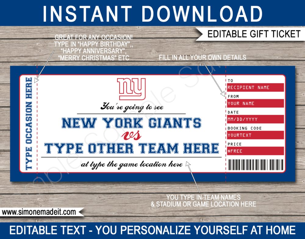 Printable New York Giants Game Ticket Gift Voucher Template | Surprise tickets to a New York Giants Football Game | Editable Text | Gift Certificate | Birthday, Christmas, Anniversary, Retirement, Graduation, Mother's Day, Father's Day, Congratulations, Valentine's Day | INSTANT DOWNLOAD via giftsbysimonemadeit.com