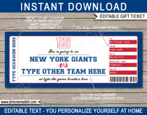 Printable New York Giants Game Ticket Gift Voucher Template | Surprise tickets to a New York Giants Football Game | Editable Text | Gift Certificate | Birthday, Christmas, Anniversary, Retirement, Graduation, Mother's Day, Father's Day, Congratulations, Valentine's Day | INSTANT DOWNLOAD via giftsbysimonemadeit.com