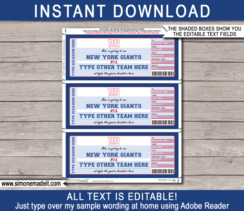 Printable New York Giants Game Ticket Gift Voucher Template | Surprise tickets to a New York Giants Football Game | Editable Text | Gift Certificate | Birthday, Christmas, Anniversary, Retirement, Graduation, Mother's Day, Father's Day, Congratulations, Valentine's Day | INSTANT DOWNLOAD via giftsbysimonemadeit.com
