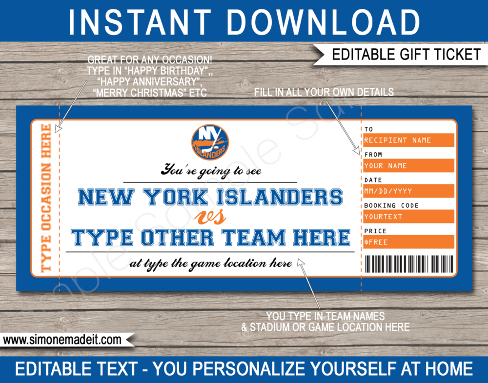 Printable New York Islanders Game Ticket Gift Voucher Template | Printable Surprise NHL Hockey Tickets | Editable Text | Gift Certificate | Birthday, Christmas, Anniversary, Retirement, Graduation, Mother's Day, Father's Day, Congratulations, Valentine's Day | INSTANT DOWNLOAD via giftsbysimonemadeit.com