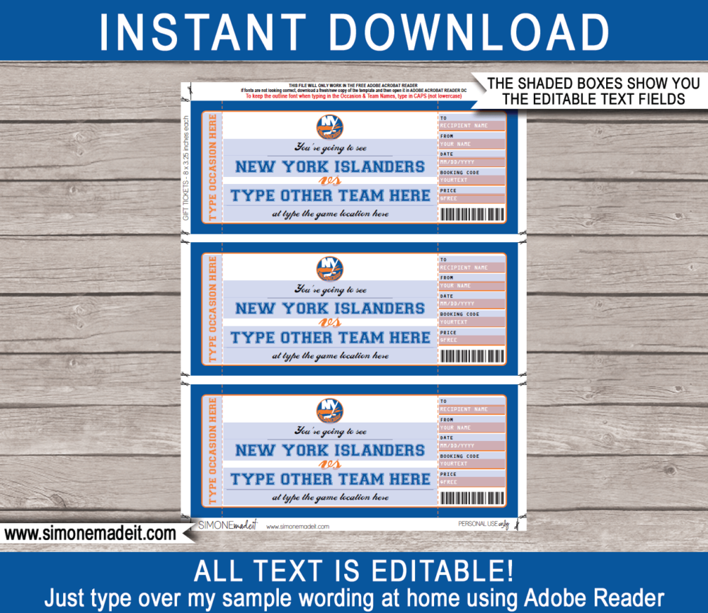 Printable New York Islanders Game Ticket Gift Voucher Template | Printable Surprise NHL Hockey Tickets | Editable Text | Gift Certificate | Birthday, Christmas, Anniversary, Retirement, Graduation, Mother's Day, Father's Day, Congratulations, Valentine's Day | INSTANT DOWNLOAD via giftsbysimonemadeit.com