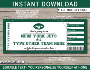 Printable New York Jets Game Ticket Gift Voucher Template | Surprise tickets to a New York Jets Football Game | Editable Text | Gift Certificate | Birthday, Christmas, Anniversary, Retirement, Graduation, Mother's Day, Father's Day, Congratulations, Valentine's Day | INSTANT DOWNLOAD via giftsbysimonemadeit.com
