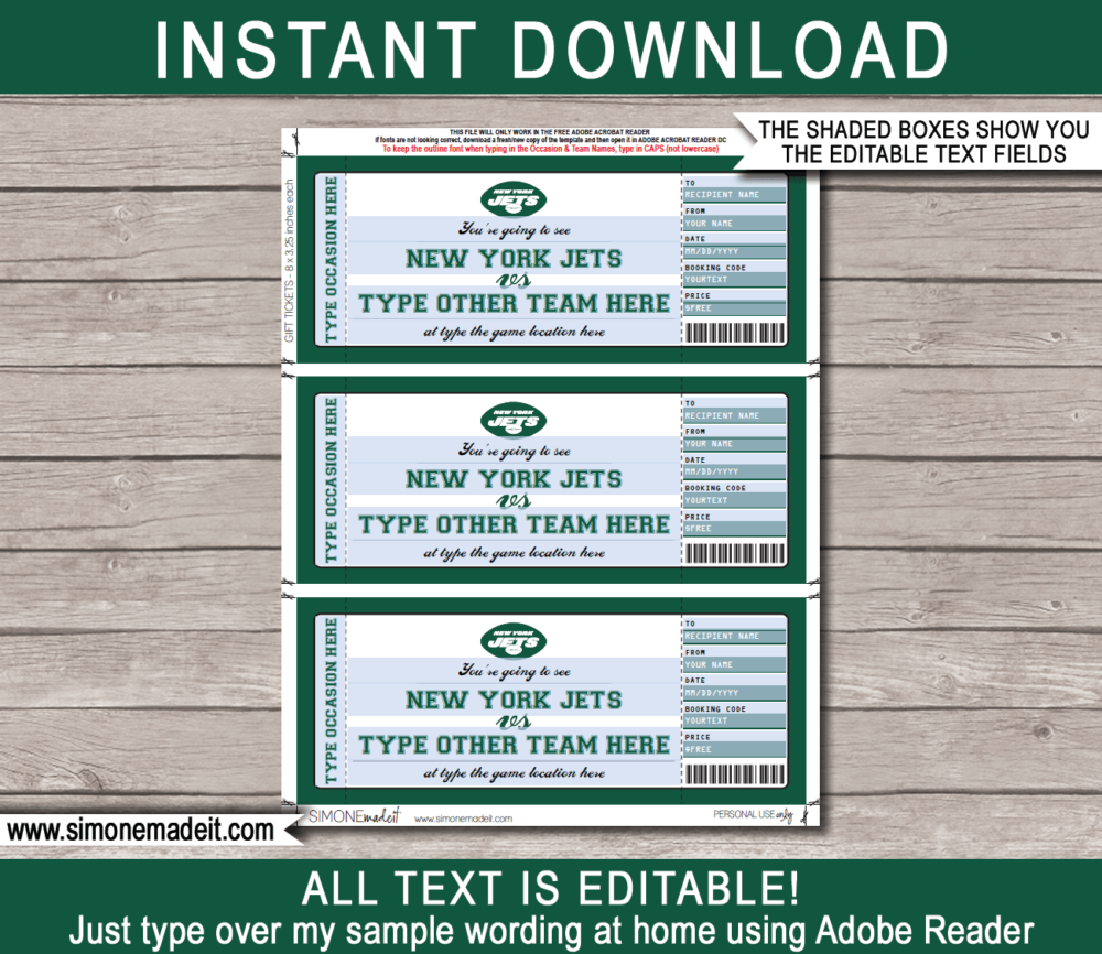 Printable New York Jets Game Ticket Gift Voucher Template | Surprise tickets to a New York Jets Football Game | Editable Text | Gift Certificate | Birthday, Christmas, Anniversary, Retirement, Graduation, Mother's Day, Father's Day, Congratulations, Valentine's Day | INSTANT DOWNLOAD via giftsbysimonemadeit.com