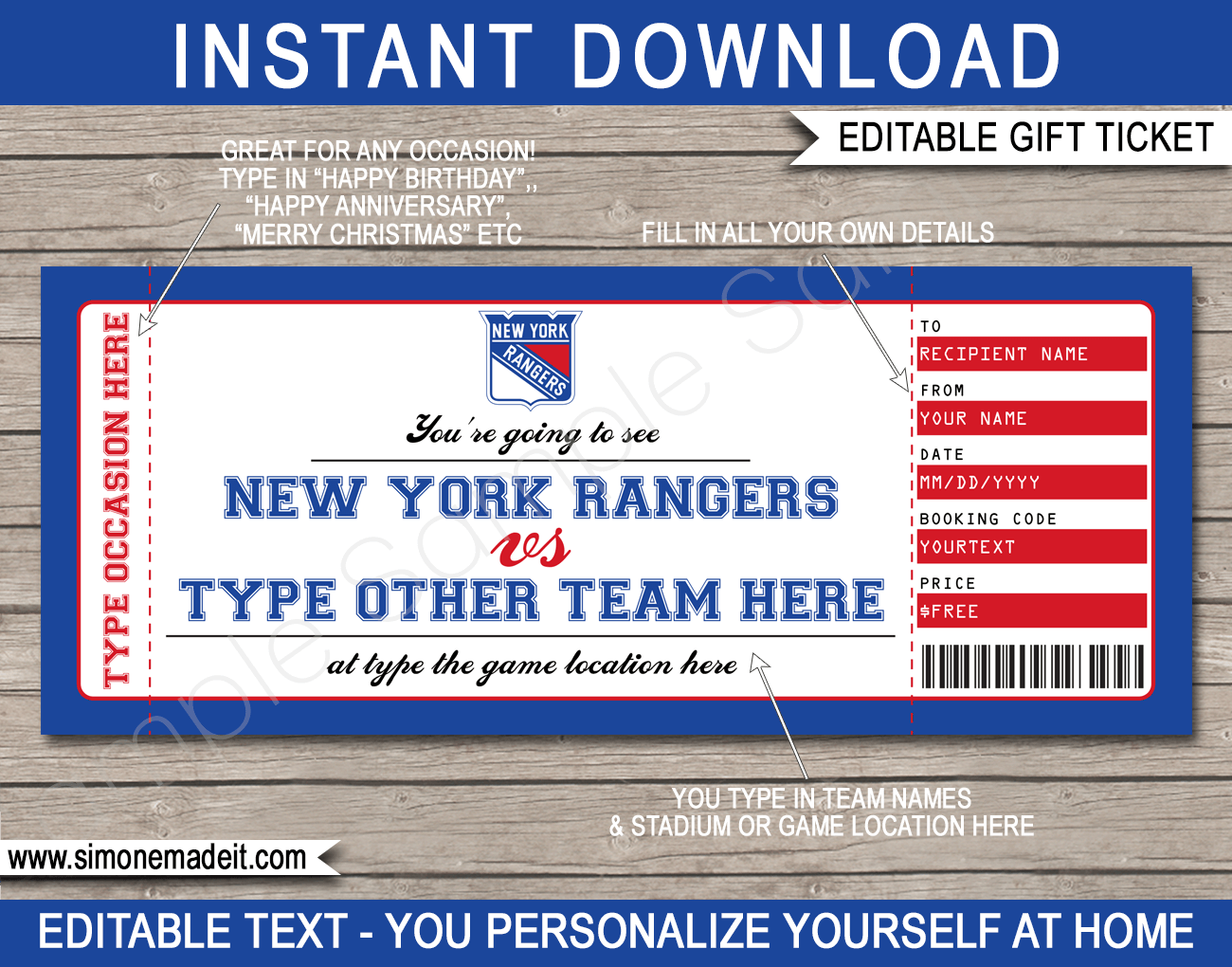 New York Rangers Game Ticket Gift Voucher Printable Surprise Hockey