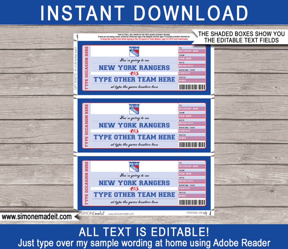Printable New York Rangers Game Ticket Gift Voucher Template | Printable Surprise NHL Hockey Tickets | Editable Text | Gift Certificate | Birthday, Christmas, Anniversary, Retirement, Graduation, Mother's Day, Father's Day, Congratulations, Valentine's Day | INSTANT DOWNLOAD via giftsbysimonemadeit.com