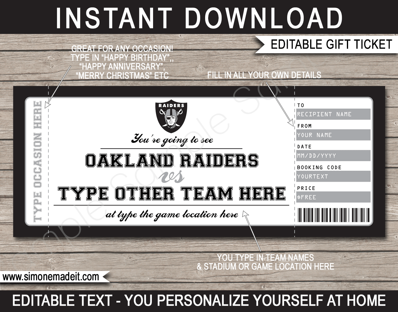 Oakland Raiders Game Ticket Gift Voucher Printable Surprise Football