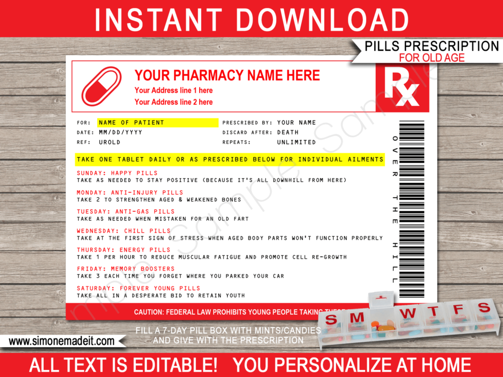 Printable Old Age Prescription Template | Funny Birthday Gag or Prank Gift or Party Favors | Over the Hill | Practical Joke | Candy Pills Medicine | Doctor, Nurse, Pharmacist or Medical Gift | 40th 50th 60th 70th Birthday Gag Gift | DIY Fake Pharmacy Rx Prescription Label | 8 Dram | INSTANT DOWNLOAD via giftsbysimonemadeit.com