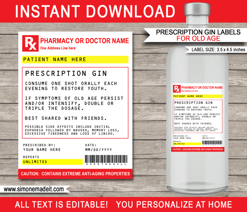 Printable Old Age Prescription Gin Labels template | Birthday Gift | Party Favor | Funny Gag Gift | Over the Hill | Practical Joke | Doctor, Nurse, Pharmacist or Medical Gift | Emergency Gin | Milestone 40th 50th 60th 70th Birthday Gift | DIY Fake Pharmacy Rx Prescription Label | INSTANT DOWNLOAD via giftsbysimonemadeit.com